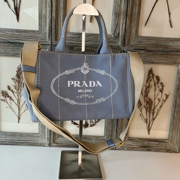 Prada Small Baby Blue Canapa Canvas with Dust Bag Tote Bag - Picture 1 of 12